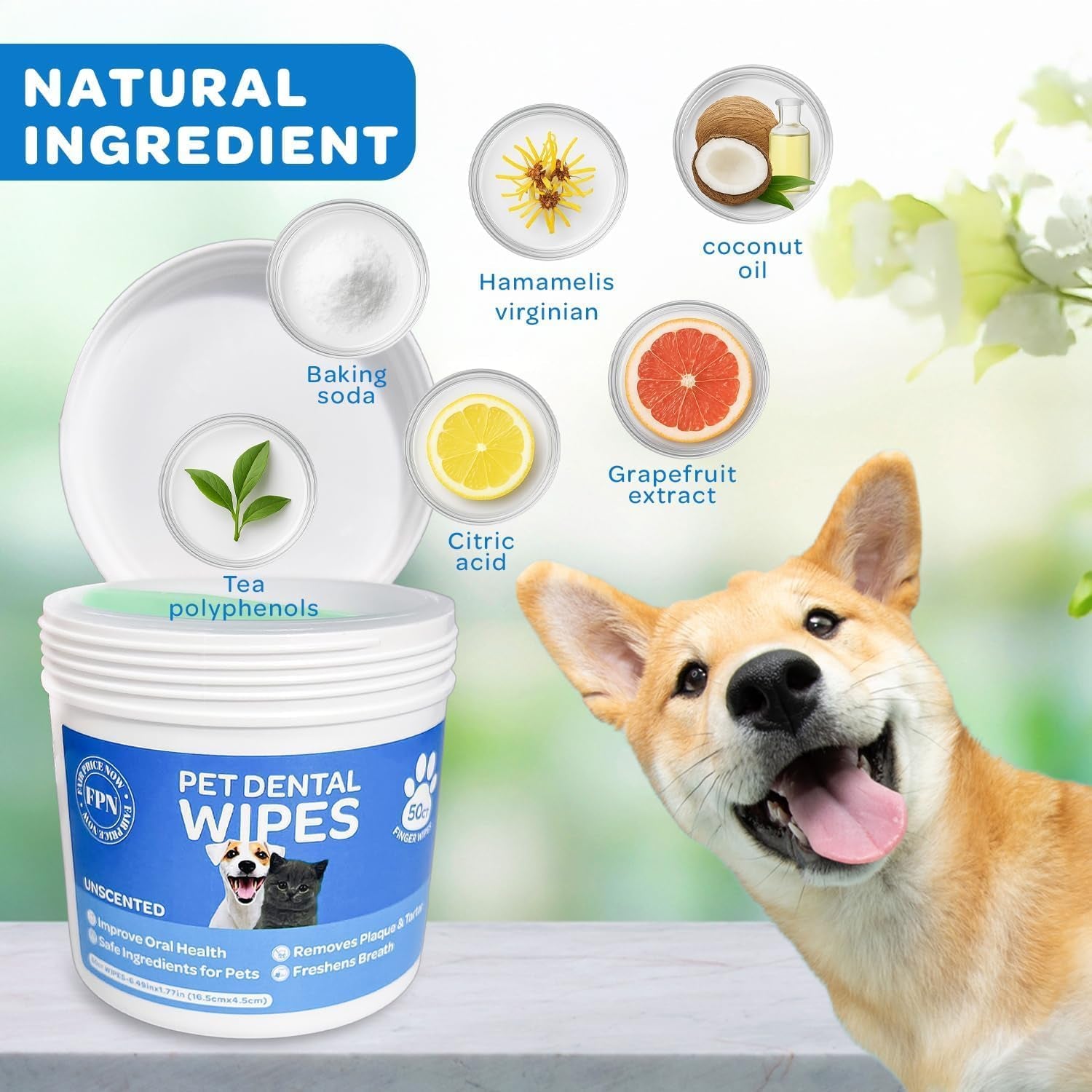 FPN Pet Dog Teeth Cleaning Finger Wipe – 50-Count Disposable Teeth & Gum Cleaning Dental Wipes for Dogs & Cats, Embossed Finger Pads for Plaque & Tartar Removal, Breath Freshening, No-Rinse Oral Care